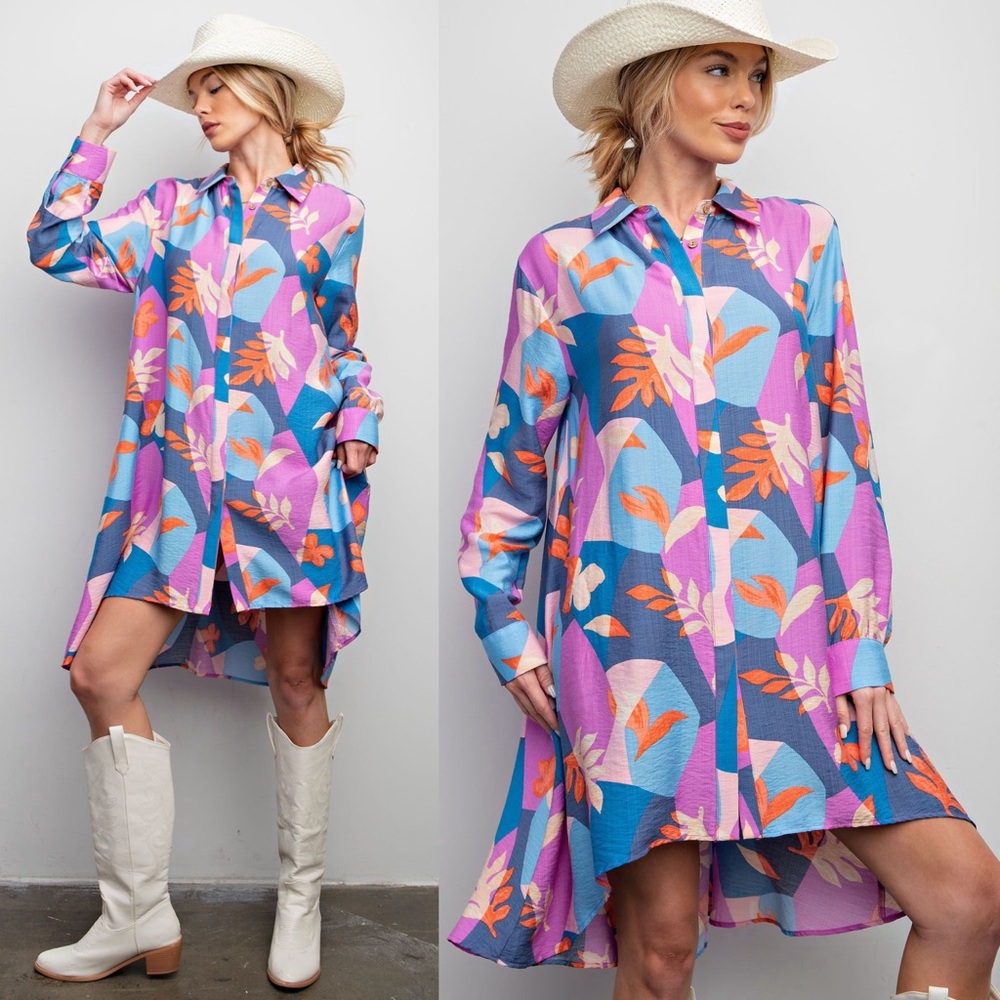 EASEL PRINTED BLOSSOM BUTTON DOWN HI LOW SHIRT DRESS